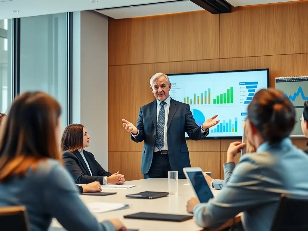 A professional candidate in a modern office setting, confidently presenting a project plan to a team, symbolizing Neticca's commitment to providing high-quality talent.